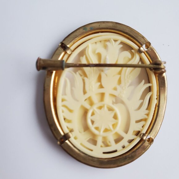 VTG RARE DEPOSE FRANCE Carved Celluloid Kissing Birds Brooch Modernist Bezel - Picture 4 of 5